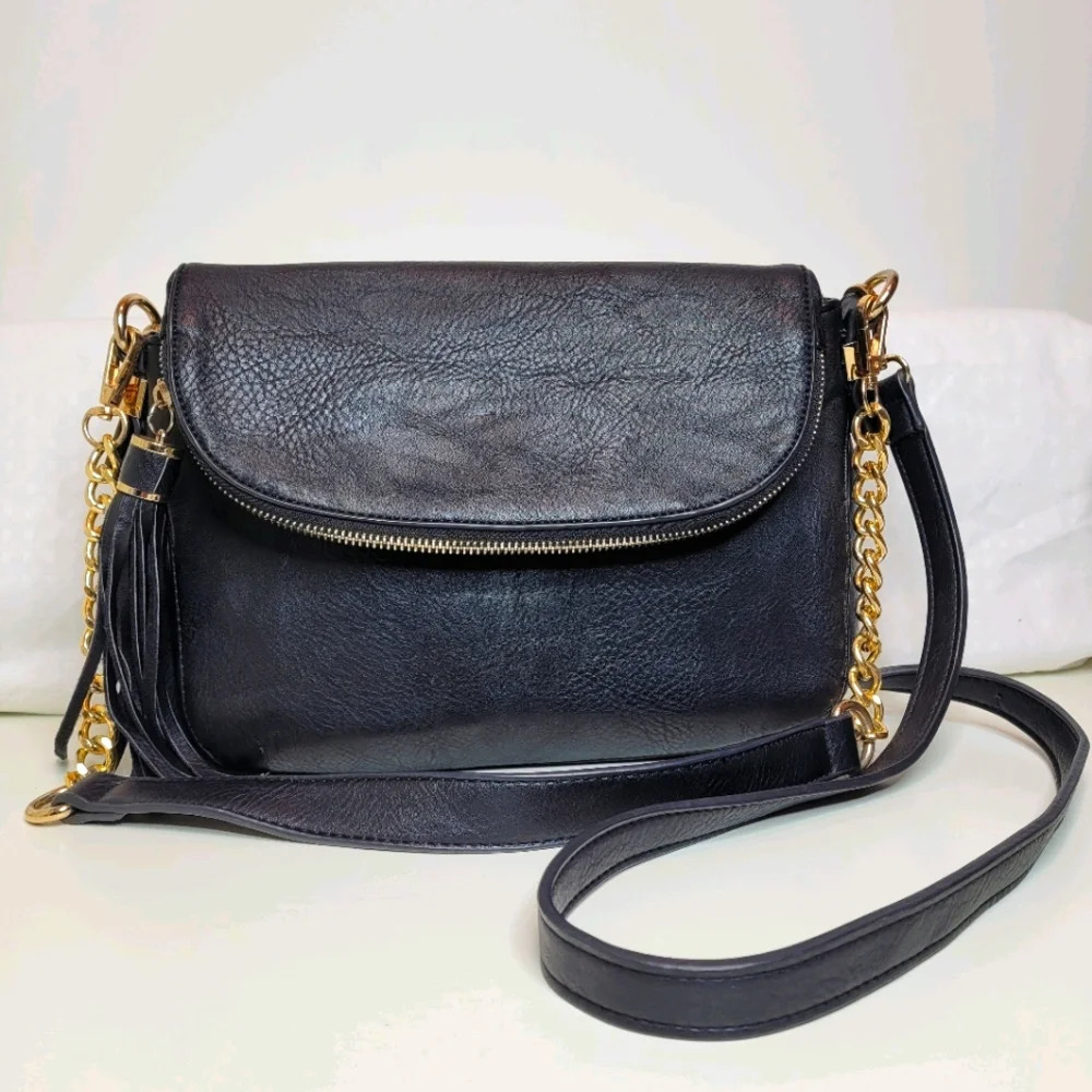 Black with Gold Chain Accent 2 in 1 Handbag Shoulder Bag